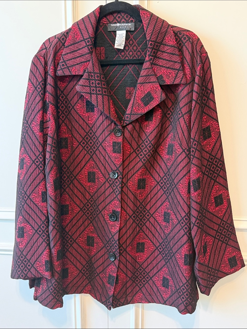 Sag Harbor Red and Black Geometric Button-Front Jacket